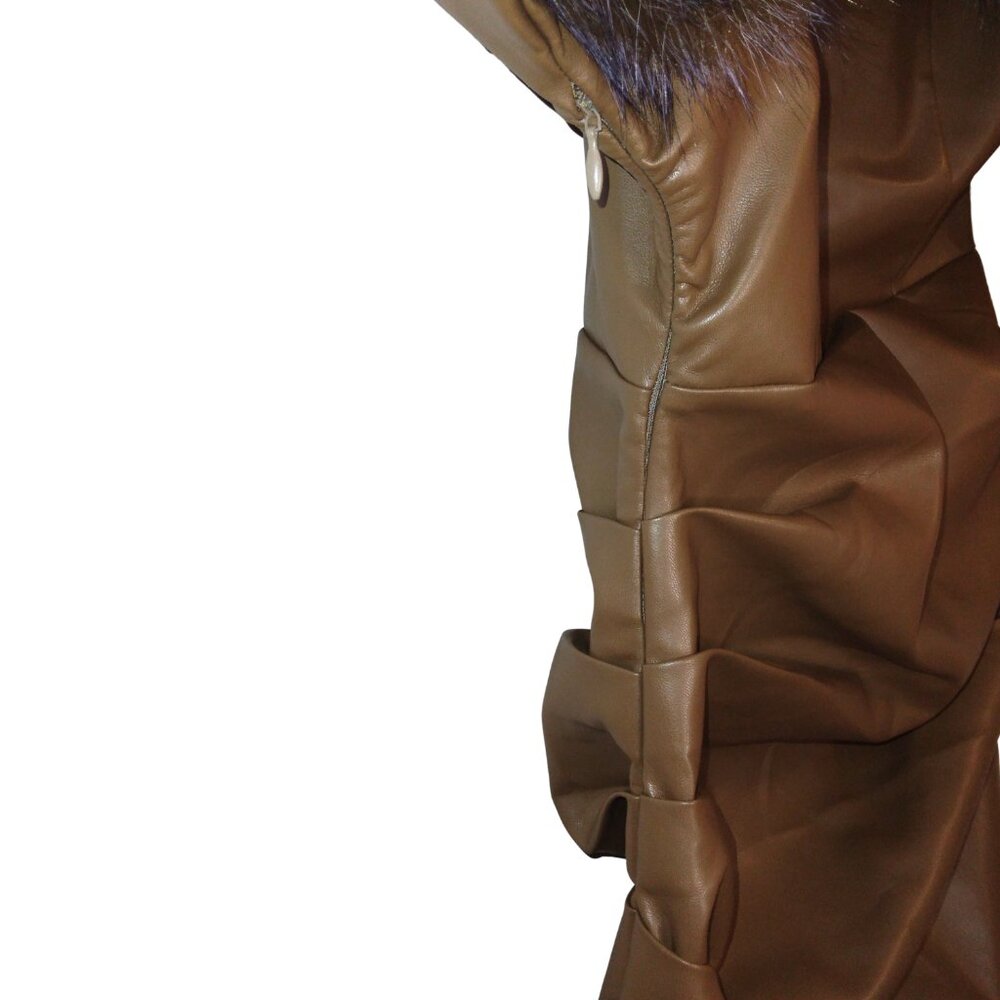 WOMEN'S TAUPE OFF THE SHOULDER BROWN AND GRAY FAUX FUR SHIRT DRESS - XXS - Picture 6 of 8